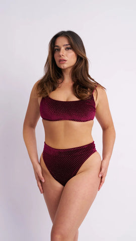 Lunalae May Scrunch Back Velvet Sparkle Top Wine