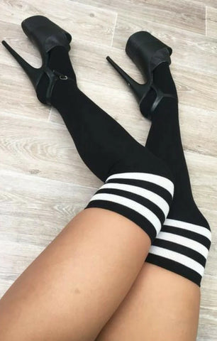 Lunalae Black Thigh High Socks with White Stripe