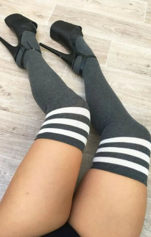 Lunalae Charcoal Thigh High Socks With White Stripe