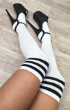 lunalae white thigh high socks with black stripe